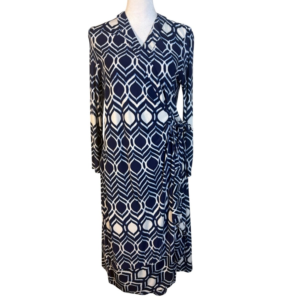 Jones New York Wrap Dress Womens Small Navy Blue Excellent Geometric Ogee Print